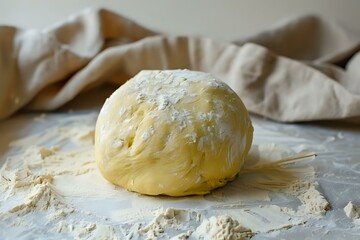 Fresh homemade dough ball dusted with flour on rustic wooden surface, perfect for baking bread, pizza or pastries, traditional cooking preparation process.