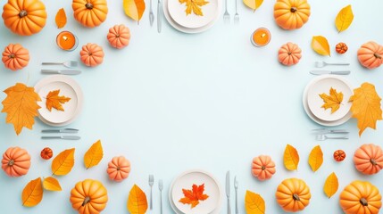 A beautiful autumn-themed table setting featuring pumpkins and colorful leaves, creating a cozy seasonal atmosphere.