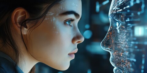 A close-up from the side, capturing the profile of the businesswoman and the hologram at eye level. The camera captures the intricate digital details of the hologram as it reflects in her eyes