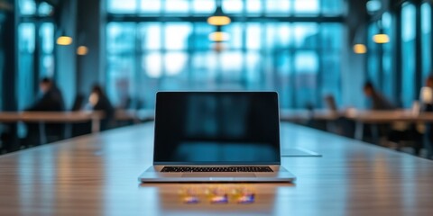 A close-up of a single personas laptop screen in a gloomy office meeting room, seen through the glass walls, with the others around the table softly blurred in the background. The mood is quiet
