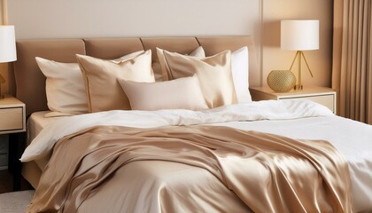 light beige satin bedding on the bed pillows and blanket