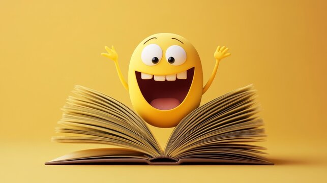 An animated emoji exhibits excitement and enthusiasm, sitting atop an open book against a plain yellow background, symbolizing the joy of learning and discovery.