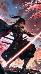 A fierce warrior in a cherry blossom grove wields a glowing sword at sunset, embodying the spirit of ancient battle. Generative AI