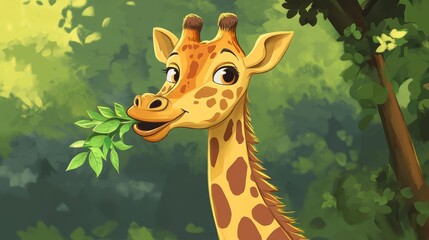 An animated giraffe, appearing to smile, surrounded by lush greenery of a forest, embodying themes of joy, nature, and the wonder of animated fantasy.