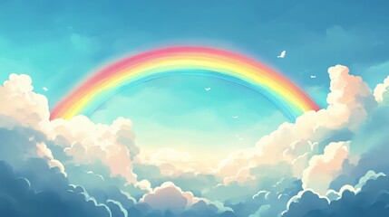 A vibrant rainbow spans across a serene sky filled with soft, billowing clouds and a few birds in flight, creating a peaceful and dreamy atmosphere.