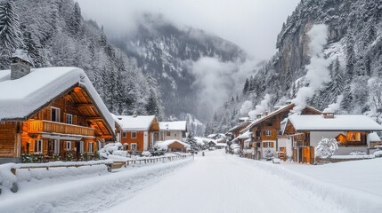 Fototapeta premium Charming Snowy Village in the Mountains During Winter