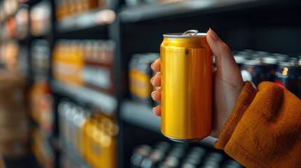 Close-up of a hand holding a vibrant energy drink can in a well-stocked beverage aisle