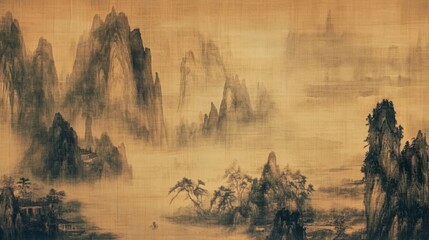 Mystical mountains are veiled with pervasive fog, blending nature's grandeur with ancient elegance, evoking a timeless and ethereal atmosphere on this canvas.