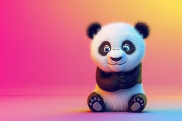 Fototapeta premium Banner with adorable animated baby pandas against a background of vibrant colors, Generative AI.