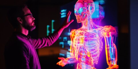 A mid-shot of a man standing in front of a robotic hologram, interacting with it by using hand gestures. The hologram is projected in vivid colors, with mechanical limbs and glowing lights.