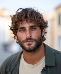 Obraz premium A rugged man with tousled hair and casual attire, exhibiting a pensive look, standing outdoors against a blurred urban backdrop, representing wanderlust and freedom.