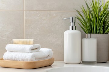 Neatly Organized Bathroom Scene Featuring Hygiene Items Including Towels, Soap Dispenser, and Decorative Plant on Countertop