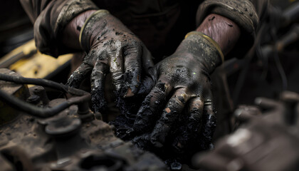 Obraz premium Close-up of a mechanic's dirty hands while repairing a car engine, showcasing hard work