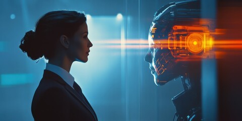 An ultra-realistic, high-quality image of a businesswoman in a suit standing in front of a robotic hologram, both engaged in silent communication. The hologram projects vivid, 3D mechanical elements