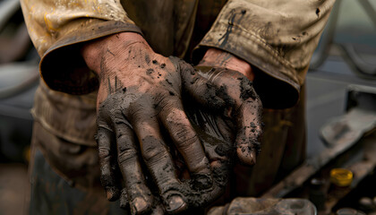 Close-up of a mechanic's dirty hands while repairing a car engine, showcasing hard work