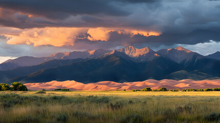 A dramatic sunset illuminates the peaks of the Sangre de Cristo Mountains, as seen from the Great Sand Dunes National Park and Preserve.
