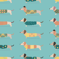 Seamless pattern with dachshunds dogs in hat and clothes on blue background. 