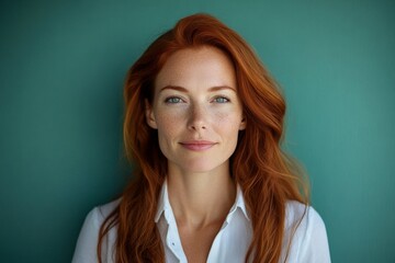 Fototapeta premium A natural redhead woman smiles warmly in front of a muted green background, capturing beauty, warmth, and individuality in a fresh, contemporary photography style.