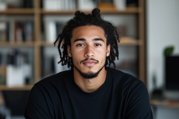 Obraz premium A young man with distinctive dreadlocks gazes thoughtfully at the camera in a relaxed setting, evoking a sense of contemporary style and youthful introspection.