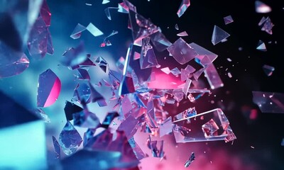 Shattered Glass Exploding with Blue and Pink Lights - Powered by Adobe