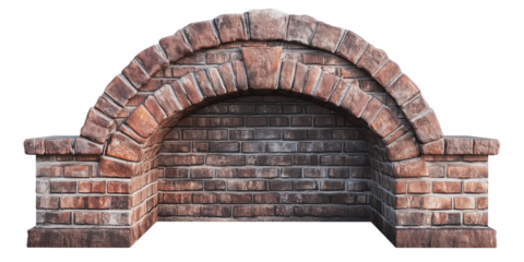 Traditional brick arched fireplace with classic design elements on a transparent background. Great for construction visualization.