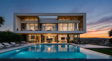 Fototapeta premium Modern house with pool, luxurious villa with swimming pool at dusk, Luxurious villa with a swimming pool and spacious patio, highlighting elegant and modern architectural design.