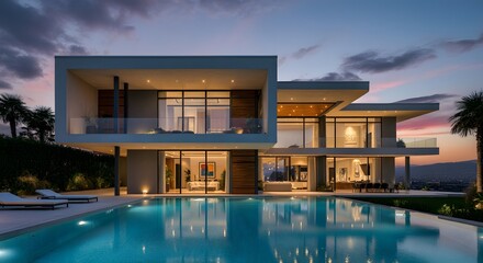 Modern house with pool, luxurious villa with swimming pool at dusk, Luxurious villa with a swimming pool and spacious patio, highlighting elegant and modern architectural design.