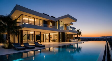 Fototapeta premium Modern house with pool, luxurious villa with swimming pool at dusk, Luxurious villa with a swimming pool and spacious patio, highlighting elegant and modern architectural design.