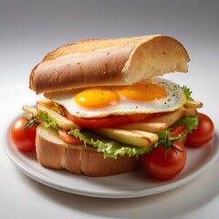 Delicious Sandwich with French fries, cheese tomato fried and egg Served