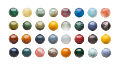Colorful marbles arranged in a random pattern on a transparent background