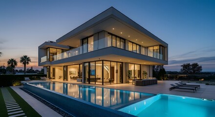 Fototapeta premium Modern house with pool, luxurious villa with swimming pool at dusk, Luxurious villa with a swimming pool and spacious patio, highlighting elegant and modern architectural design.