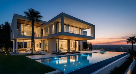 Fototapeta premium Modern house with pool, luxurious villa with swimming pool at dusk, Luxurious villa with a swimming pool and spacious patio, highlighting elegant and modern architectural design.