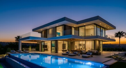 Obraz premium Modern house with pool, luxurious villa with swimming pool at dusk, Luxurious villa with a swimming pool and spacious patio, highlighting elegant and modern architectural design.