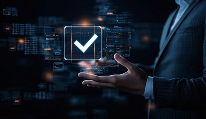 A business professional holds a digital hologram featuring a checkmark, symbolizing success and approval in technology-driven environments. Perfect for corporate and tech themes.