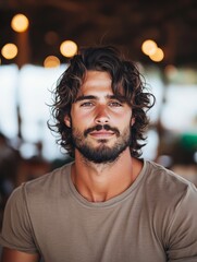 A man with curly hair and a beard sits casually outdoors in a relaxed setting, blending charm and rugged style with natural surroundings and warm lighting.