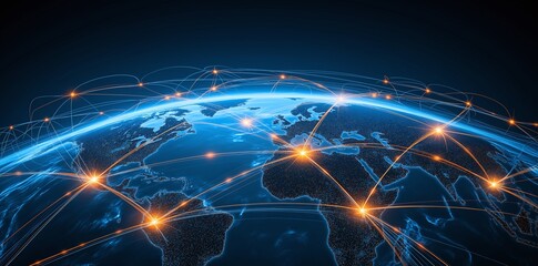 Obraz premium A digital illustration of global connectivity with glowing network lines on a 3D globe
