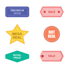 Vector set of tags different designs, shapes and colors for sale price with lettering SALE, PREMIUM OFFER, MEGA DEAL, ROYAL PRICE, HOT DEAL on a white background