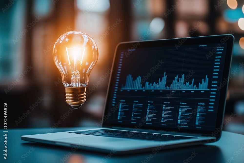 Poster a glowing light bulb hovers next to a laptop displaying data analytics on the screen, symbolizing in