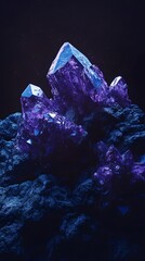 Obraz premium Purple crystals on dark rocky terrain background. Future Dusk — Color of the year 2025. Natural mineral, gemstone or amethyst. Geology and science. 3D render design
