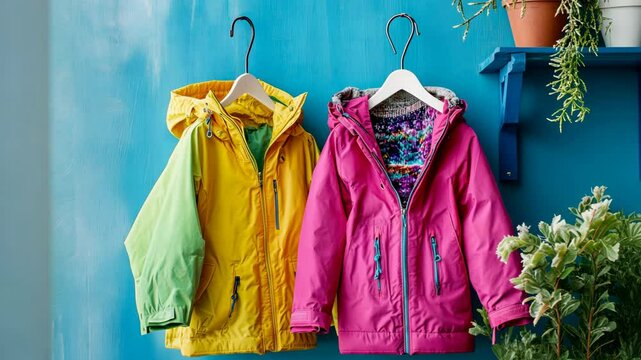 Two brightly colored jackets hang on hooks against a turquoise wall