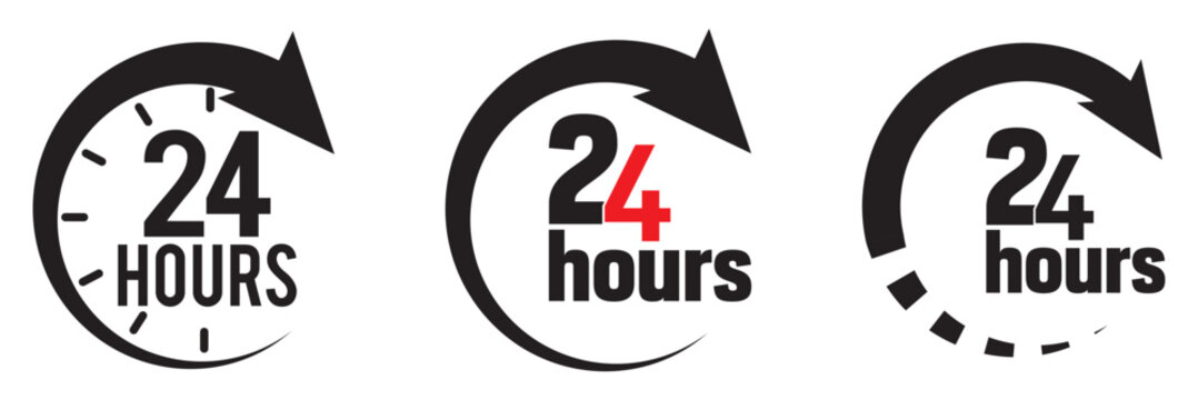 24 hour assistance icons. 24 hours 7 days in week support icons. Vector images