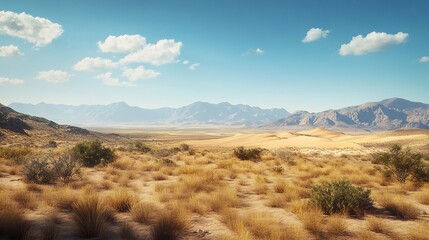 Fototapeta premium Wide desert landscape with dry grass and distant mountains.