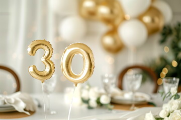 Golden helium floating balloons made in shape of number thirty. Birthday jubilee party or wedding anniversary for 30 years celebration. Elegant white decorations	
