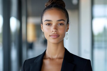Fototapeta premium A poised woman with hoop earrings and a bun stands confidently in a modern office setting, radiating professionalism and elegance.