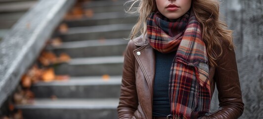 Fototapeta premium A chic autumn look with a leather jacket, plaid scarf, and knee-high boots