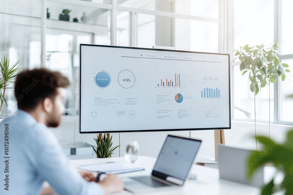 Poster business professional analyzing data on a large screen in a modern office. charts and graphs display