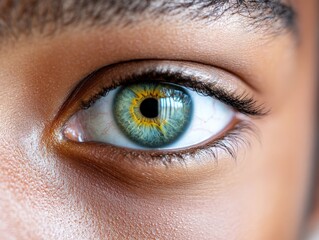 Obraz premium A close-up of a vibrant yellow-green eye showcasing intricate details and patterns within the iris, highlighting the beauty and complexity of human vision.