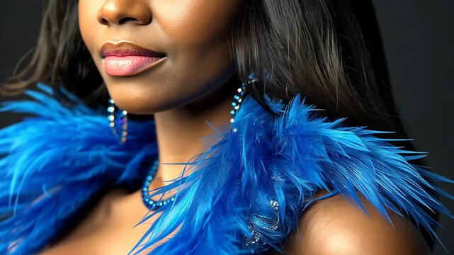 A woman with dark hair and bright blue feather boa poses for a portrait