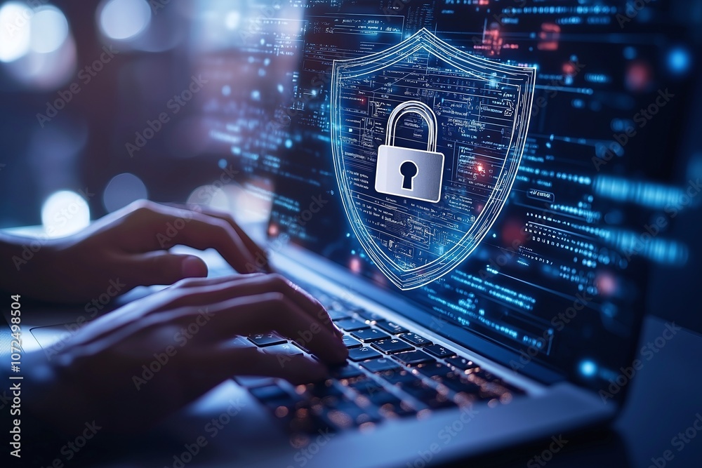 Aufkleber close-up view of a keyboard and laptop screen displaying a security shield icon, symbolizing cyberse