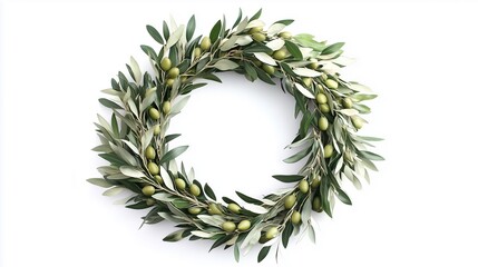 beautiful wreath made of olive branches with olives isolated on white background